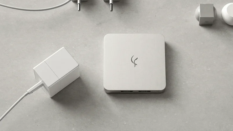Kompakt USB-hub, lille vægoplader og adaptere set oppefra på grå flade