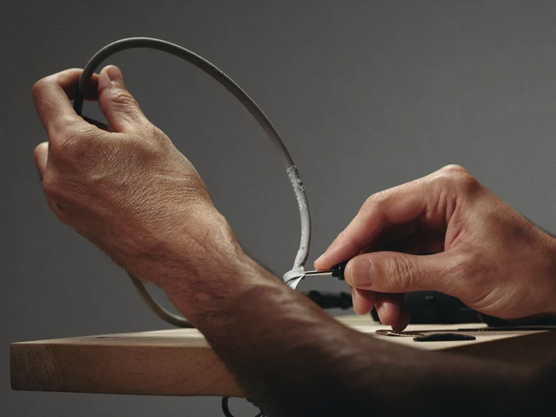 Hænder tester og afisolerer et kabel med små værktøjer ved en værkbænk